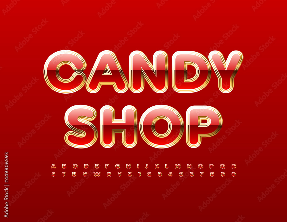 Vector sweet logo Candy Shop. Red and Gold Alphabet Letters and Numbers set. Shiny bright Font