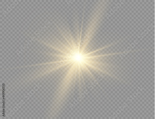 Star burst with light, yellow sun rays. 