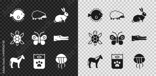 Set Puffer fish, Hedgehog, Rabbit, Horse, Bag of food, Jellyfish, Turtle and Butterfly icon. Vector