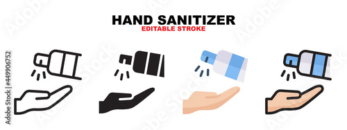 Outline, glyph black, flat color and filled line color, icon symbol set, hand sanitizer concept, Isolated vector design, editable stroke