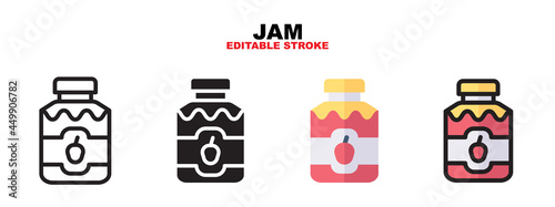 Outline, glyph black, flat color and filled line color, icon symbol set, jam concept, Isolated vector design, editable stroke