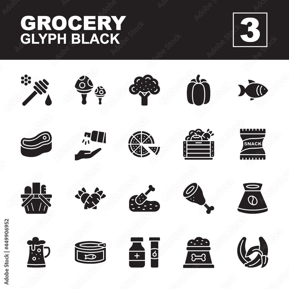 Icons Set of Grocery, Glyph black style, Contains such of honey, vegetables, pet food, vitamin and medicine, fish, meat, canned food, fruit, drink and more, you can use for web, app and more Icons Set of Grocery, Glyph black style, Contains such of honey, vegetables, pet food, vitamin and medicine, fish, meat, canned food, fruit, drink and more, you can use for web, app and more