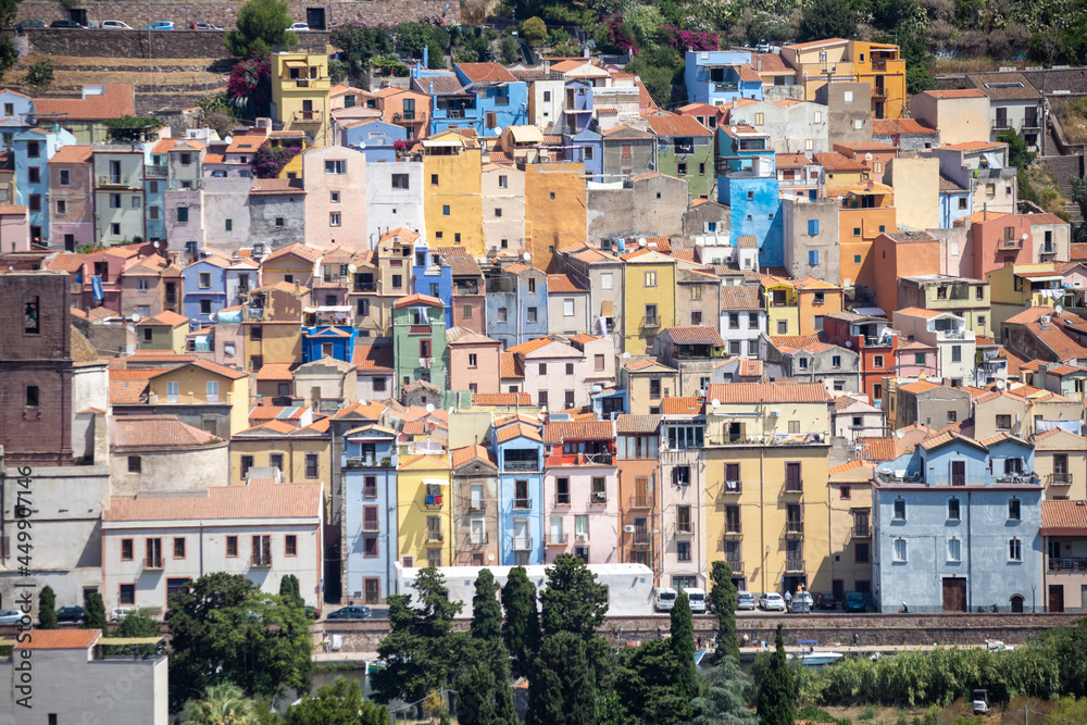 picturesque village of Bosa with its multicolored houses along the mouth of the river Temo. Bosa, Oristano, Sardinia, Italy, Europe