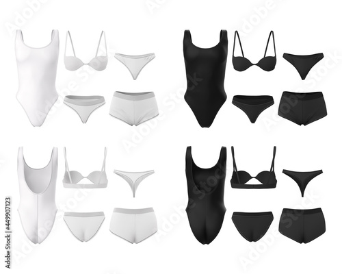 Underwear, closed sports swimsuit, open swimsuit, bra, panties. 3d realistic set of black and white mock up, front and back view isolated on white background.