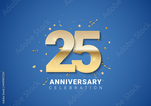 Fotografia 25 anniversary background with golden numbers, confetti, stars on bright blue background