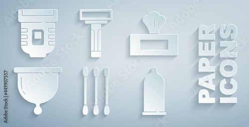 Set Cotton swab for ears, Wet wipe pack, Menstrual cup, Condom, Shaving razor and Epilator icon. Vector