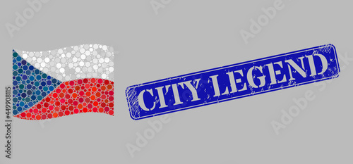 Mosaic waving Czech flag designed of round points, and grunge City Legend rectangle seal. Vector spheres are composed into waving Czech flag composition.