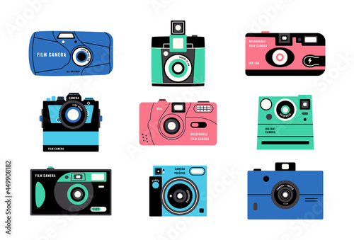 Doodle film camera. Vintage photographer kit with camera bodies and lenses, professional film photography DSLR hardware. Vector isolated set