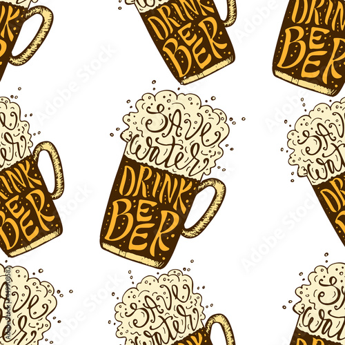 Drink Beer hand drawn lettering seamless pattern. Octoberfest Beer lovers seamless texture. 