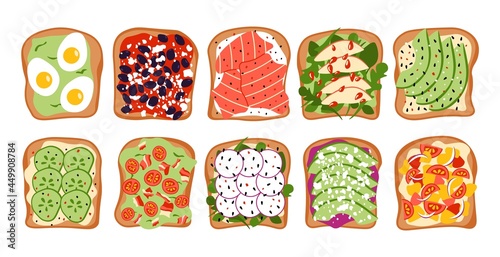 Sandwiches. Morning food with toasted bread vegetables and sauces, healthy food with avocado and salmon. Vector isolated set
