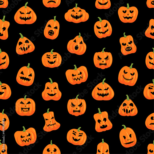 Halloween pumpkin pattern. Party celebration creepy decoration of pumpkins with Jack faces. Vector print