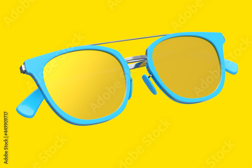 Realistic sunglasess with gradient lens and blue plastic frame on yellow