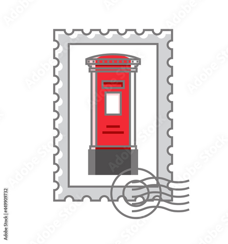 Vector illustration of a postage stamp with red english post box. Vintage mail box isolated on white background. Symbol of England. Editable stroke