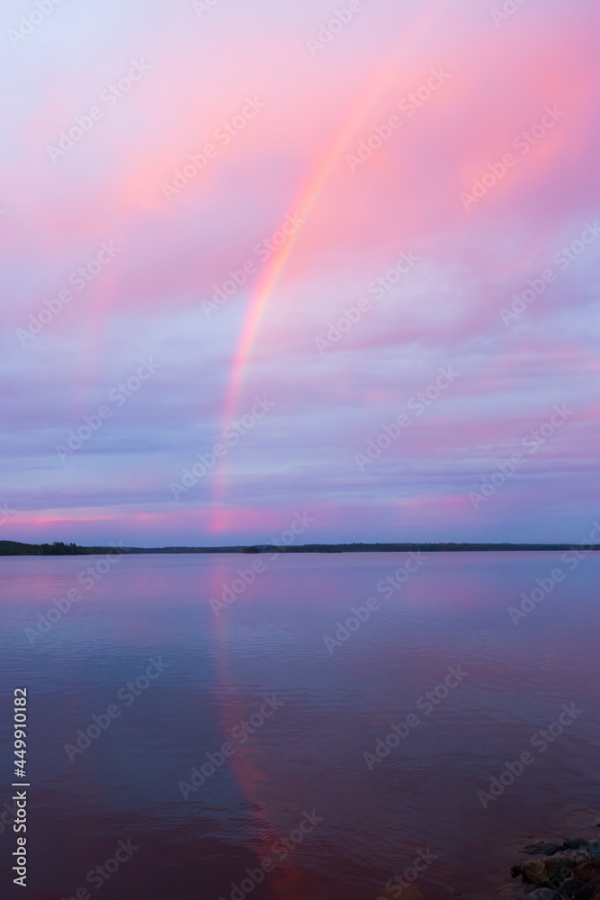 Autumn sunset and rainbow in Lapland, Finland