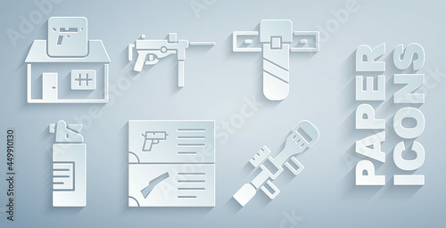 Set Weapon catalog, Knife holster, Weapons oil bottle, Sniper optical sight, Submachine gun M3 and Hunting shop weapon icon. Vector
