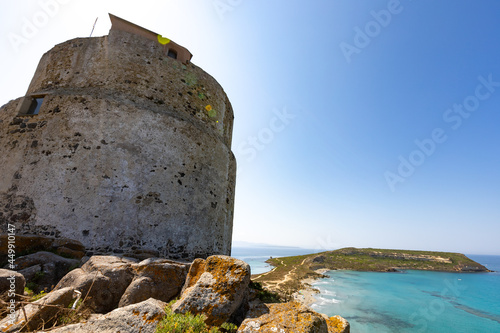 San Giovanni coastal tower and Capo San Marco. Protected marine area of the Sinis Peninsula, Cabras, Oristano, Sardinia, Italy photo