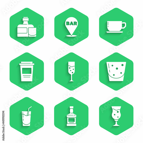 Set Glass of champagne, Whiskey bottle, beer, rum, Cocktail, Coffee cup to go, and and glass icon. Vector