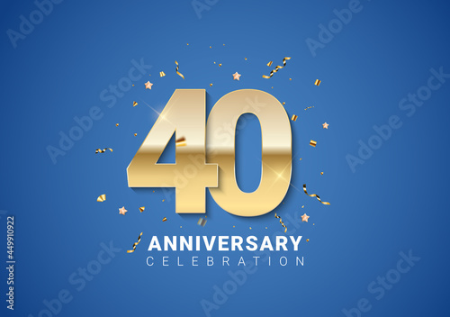 40 anniversary background with golden numbers, confetti, stars on bright blue background. Vector Illustration photo