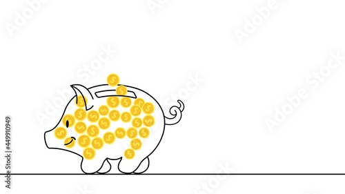 Coins fall into a piggy bank. The set includes dollars, euro, franc, bitcoin, yen (yuan, renminbi), sterling pound, noname coin. In and out animation with alpha channel photo