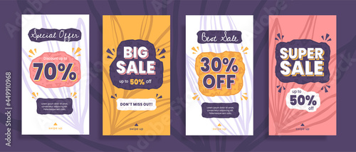 Set of sale banner templates for social media stories. Trendy abstract design with hand drawn tropical leaves. Suitable for social media template, posts, stories, banners, web and internet ads