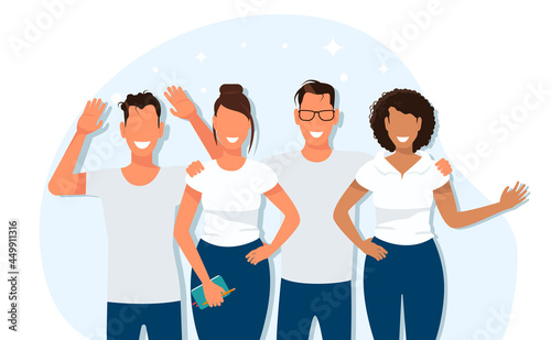 A group of smiling people with fair and dark skin. Men and women in uniform. Hugging and greeting people. Vector illustration in flat style.