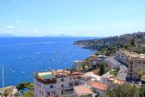 Mediterranean landscape. Sea view of the Gulf of Naples and the silhouette of the island of Capri in the distance. The province of Campania. Italy.