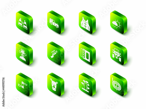 Set Off road car, Hunting jacket, Cloud with rain, Climber rope, Matchbox and matches, African tree and Rhinoceros icon. Vector