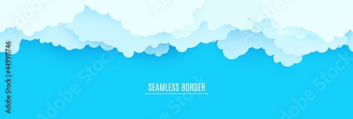 Seamless border of blue sky and white clouds in paper cut style. 3d papercut background with top view cloudy sky. Simple weather layered banner. Vector card illustration of cloudscape pastel colors.