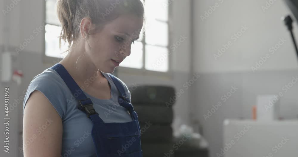 Female mechanic testing a car battery