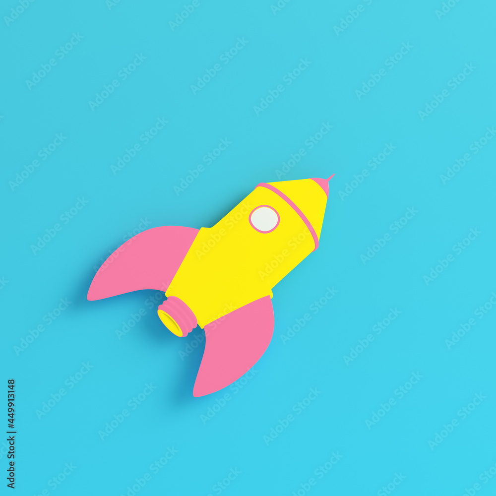 Yellow cartoon styled rocket on bright blue background in pastel colors