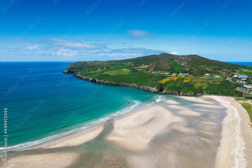 Aerial view of Barleycove beach, a gently curving golden beach formed of an extensive landscape nestled in between the rising green hills of the beautiful Mizen Peninsula in west Cork