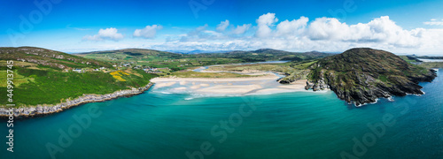 Aerial view of Barleycove beach, a gently curving golden beach formed of an extensive landscape nestled in between the rising green hills of the beautiful Mizen Peninsula in west Cork
