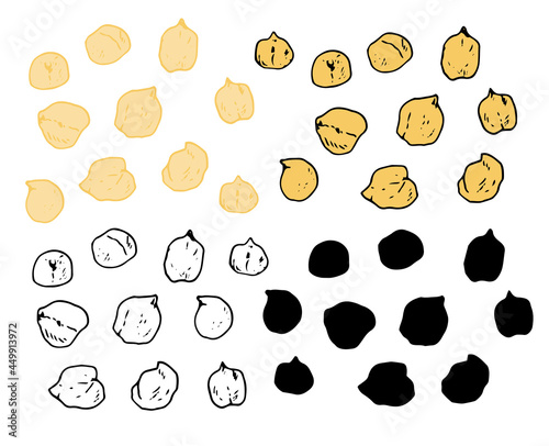 Vector set of yellow chickpeas. a collection of yellow chickpeas or peas, drawn in a sketch style with a black isolated silhouette and contour, on a white background for a packaging design template. s