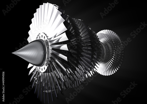 Jet turbo fan blades for airplane engine on dark background.3d render illustration