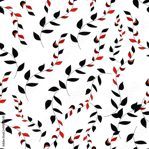 Seamless pattern with sprigs of plant leaves and curls. Cute background for wedding invitation, wallpaper, paper, newspaper, wrapper, fabric, stationery, clothes, bags.