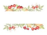 Botanical frame of the hawthorn berries and the rose hips painted with watercolors; on white isolated background. For invitations, greeting cards, notecards, and other cute autumn decorations. 