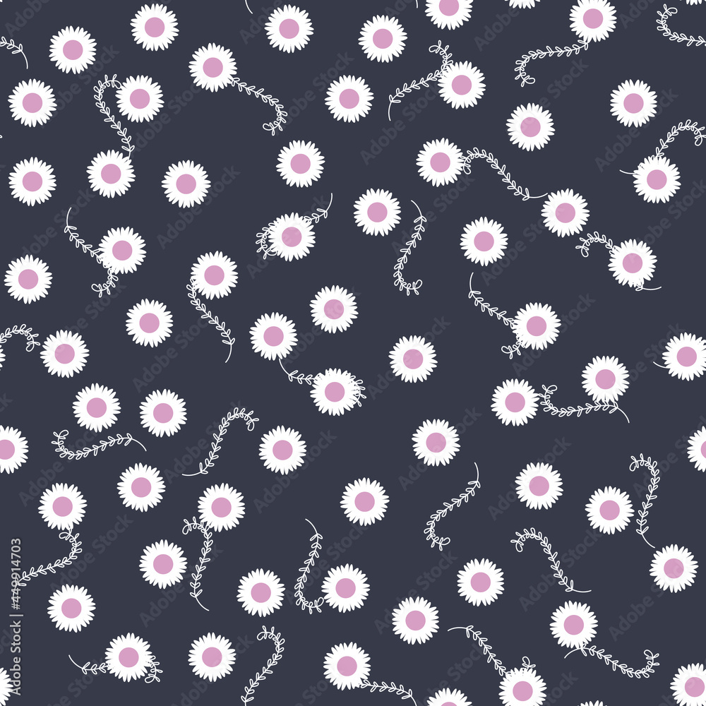 Fototapeta premium Chamomile seamless pattern. Abstract background with white daisies. Pattern for textiles, fabrics, bed linen, wallpaper. Decorative print for design with chamomile and daisies. Vector
