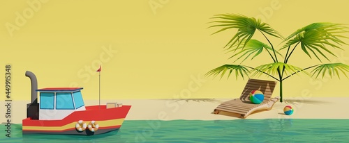 3d rendered banner summer background with a cute little boat near the shore. On the beach there is a sun lounger with a palm tree and a sun umbrella on a yellow background. Copy space. © Fotostockerspb