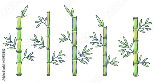Bamboo branches and leaves elements collection. Asian trees silhouette isolated set. Different shapes of East flora in cartoon design.