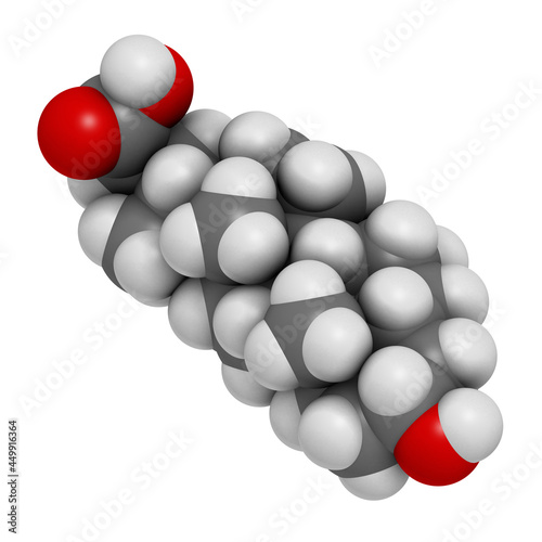 Chenodeoxycholic acid drug molecule. 3D rendering. Atoms are rep photo