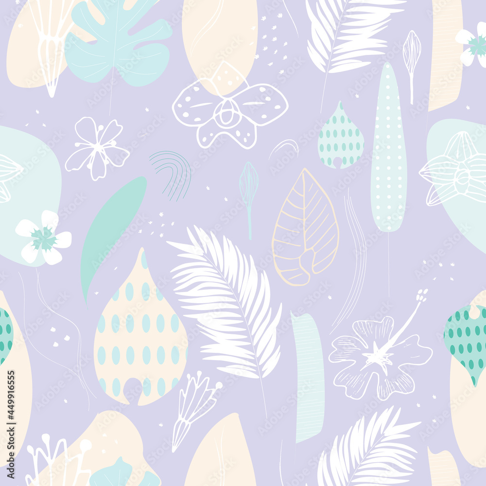 Tropical leaves seamless pattern, tropical leaves and flowers natural pattern, summer plants digital paper.