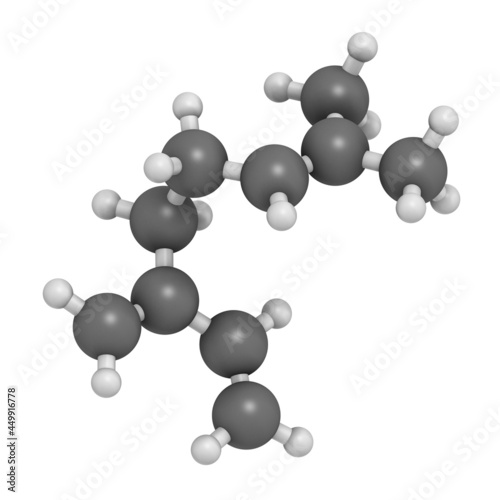 Myrcene monoterpene molecule. 3D rendering. Atoms are represente photo