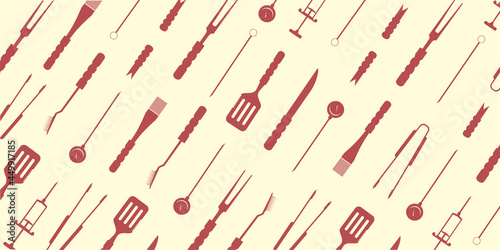 BBQ, grill accessories, popular grilling utensils tools background, pattern. Colorful flat isolated vector illustration. Thermometer, meat Injector, claws, fork, tongs, spatula, skewer, knife, brush. 