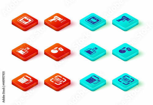 Set POS terminal with credit card, Scanner scanning bar code, Seller, Supermarket food products price label, and Buy button icon. Vector
