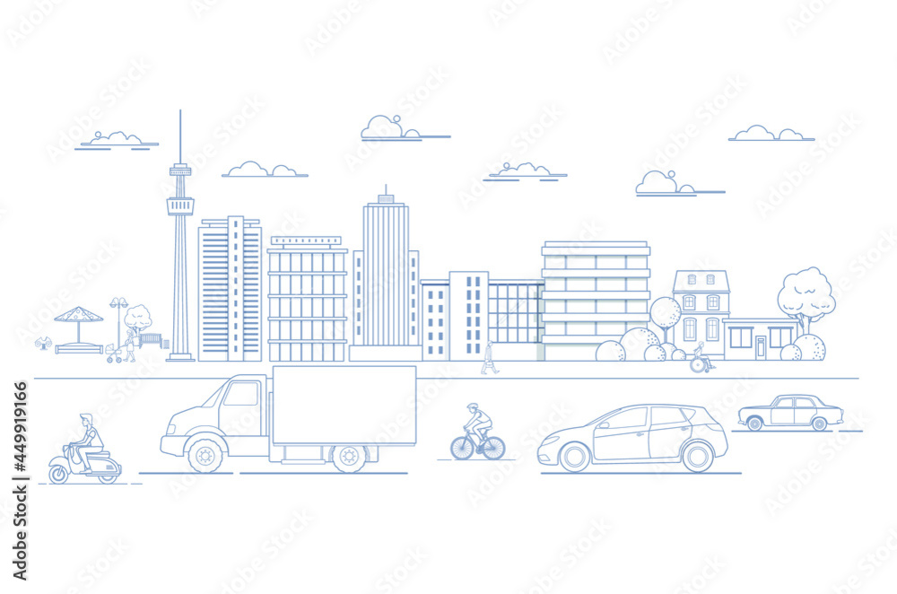 Αυτοκόλλητο Set of various city design elements building, office, vehicle, park skyline illu
