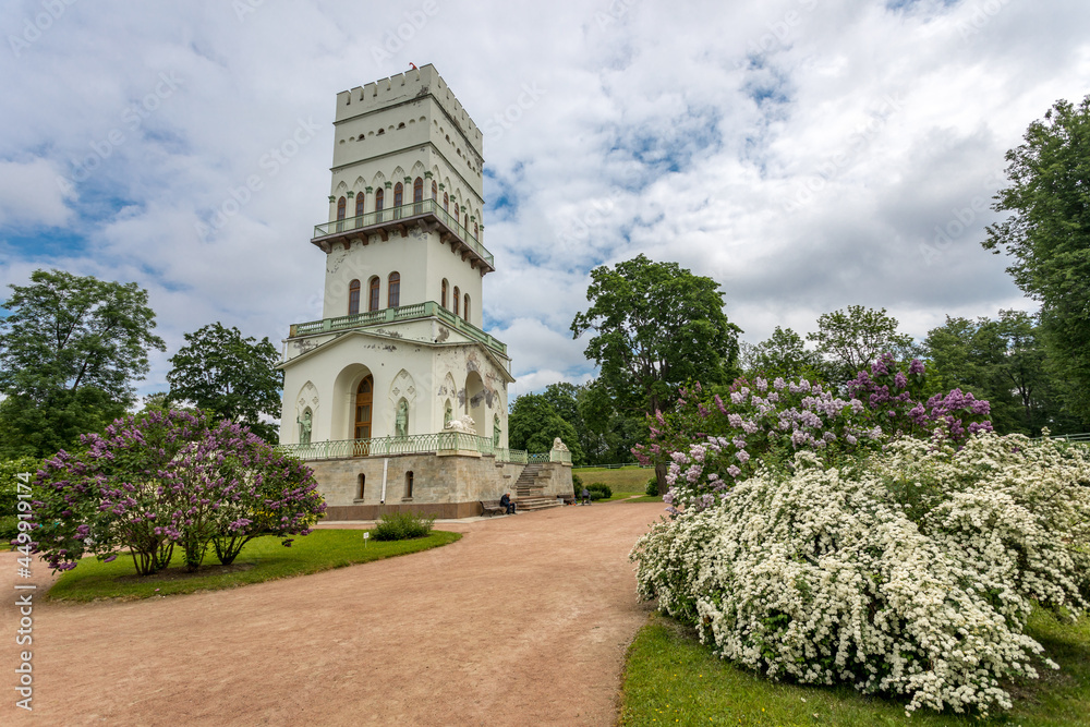 The White Tower pavilion in the Alexander Park in the city of Pushkin near St. Petersburg