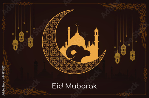 eid mubarak festival islamic card with frame crescent moon and Eid Al Adha mubarak bakrid