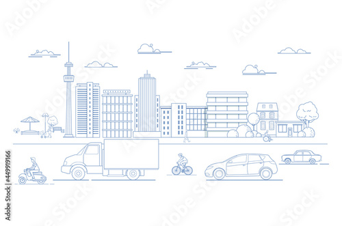 Billede på lærred Set of various city design elements building, office, vehicle, park skyline illu