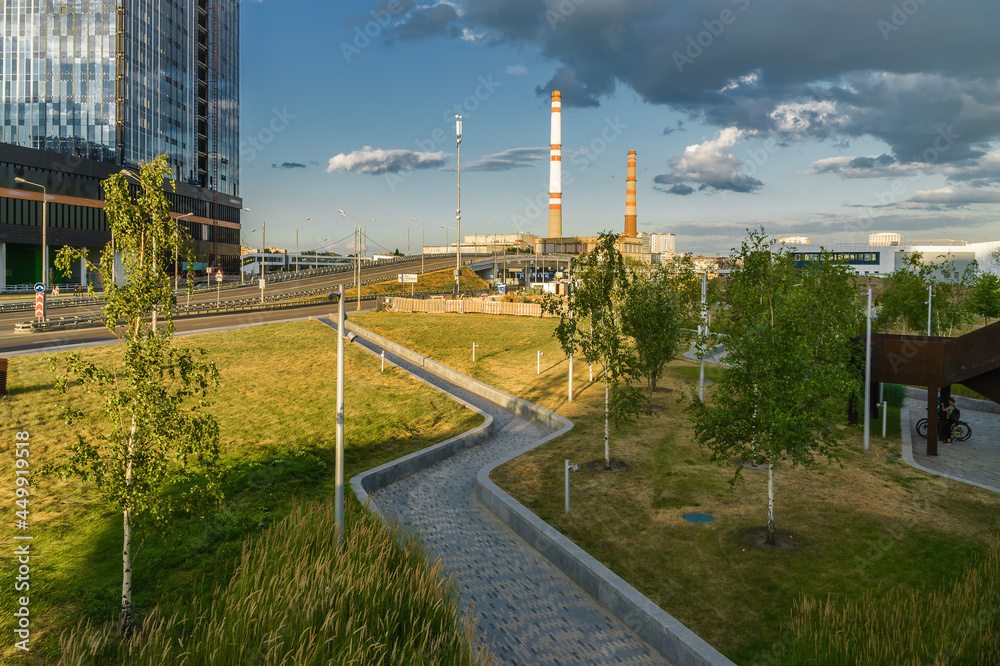 Sunset view of architecture park Tufeleva roscha, Moscow, Russia.