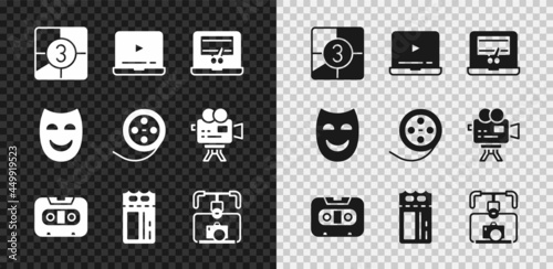 Set Old film movie countdown frame, Video recorder on laptop, Retro audio cassette tape, Cinema ticket, Gimbal stabilizer with camera, Comedy theatrical mask and Film reel icon. Vector